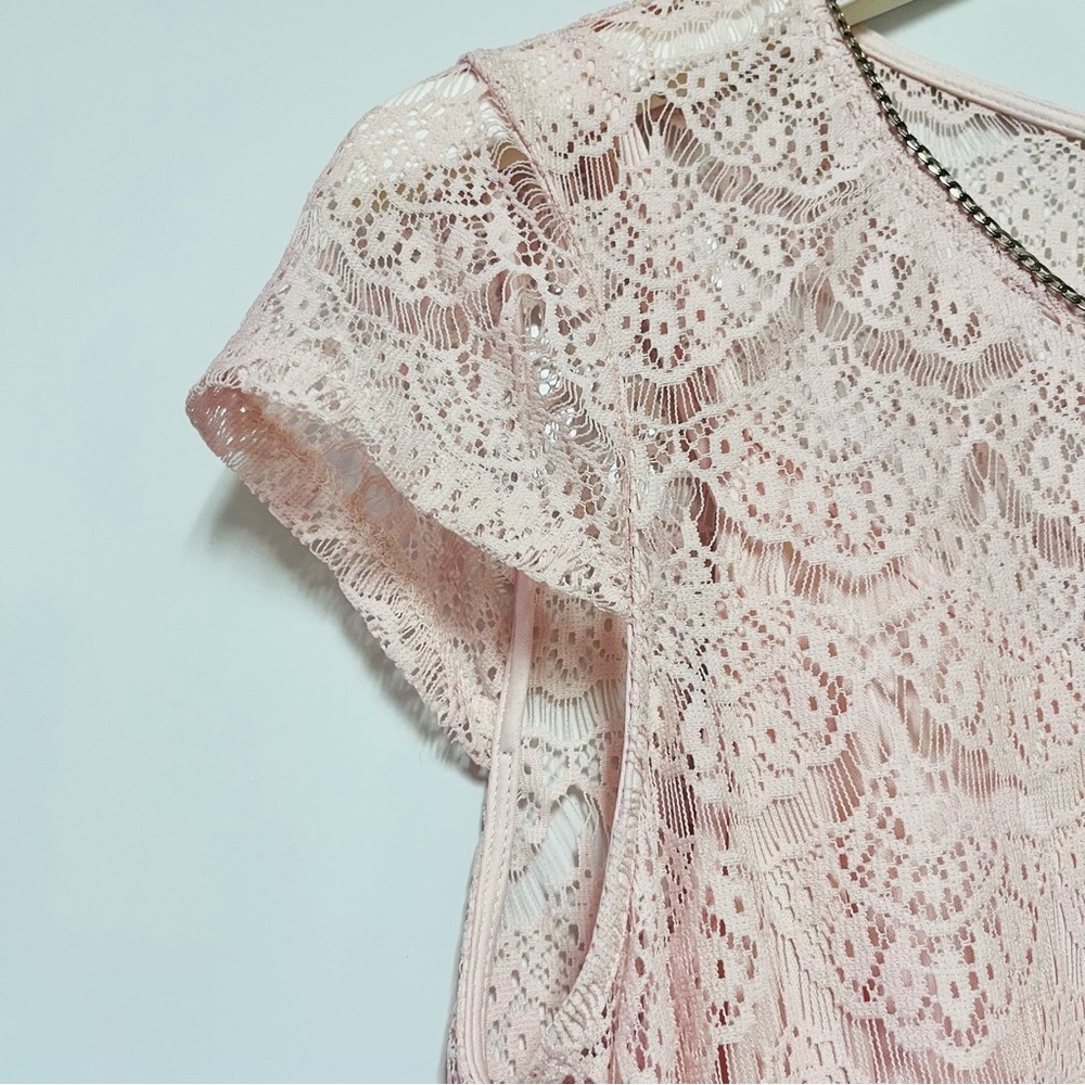 Jessica Simpson Lace Midi Dress Size 8 Blush Pink Scalloped Chain Collar Belted - Picture 6 of 16